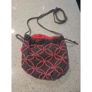 STAR MELA Mika Embroidered Beaded Drawstring Bag Grey Pink Boho Crossbody Pouch